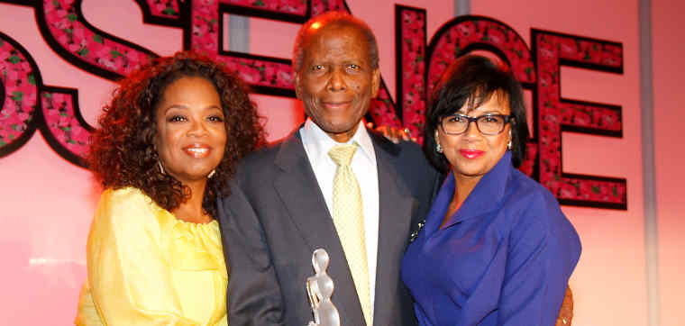 Oprah Winfrey and Sidney Poitier present the Trailblazer Award to Cheryl Boone Isaacs at the Essence Black Women in Hollywood Luncheon.