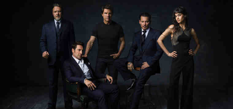 Dark Universe stars (L to R) RUSSELL CROWE, JAVIER BARDEM, TOM CRUISE, JOHNNY DEPP and SOFIA BOUTELLA