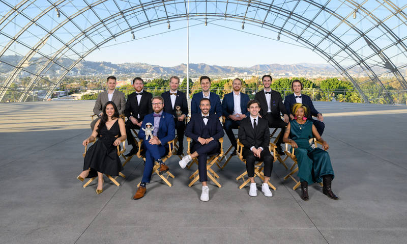 Student Academy Award winners, (Front Row Left to Right), Gabriella Canal, Sebastian Gadow, Yanis Belaid, Jared Peraglia and Olivia Peace, Back Row Left to Right), Welf Reinhart, Lachlan Pendragon, Jan Gadermann, Nils Keller, Michael Fearon, Eliott Benard and Nicolas Mayeur prior to the 49th Annual Student Academy Awards® on Thursday, October 20, in Los Angeles. Photo: Academy of Motion Picture Arts and Sciences