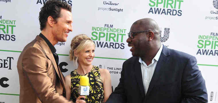 Unilever Project Sunlight ambassador Sarah Michelle Gellar, Matthew McConaughey and Steve McQueen talk about creating a brighter future on the Yellow Carpet at the 2014 Film Independent Spirit Awards