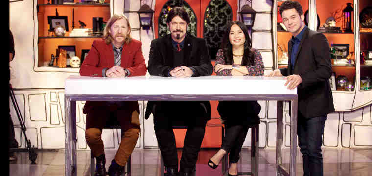 Guest Judge Lew Temple with judges Brian Kinney, Shinmin Li, and Host Justin Willman on Food Network's Halloween Wars
