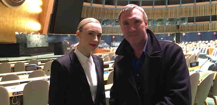 Actress Saoirse Ronan and UN Radio producer Matt Wells in the General Assembly ahead of her participation in a podcast recording. Photo: UN Radio