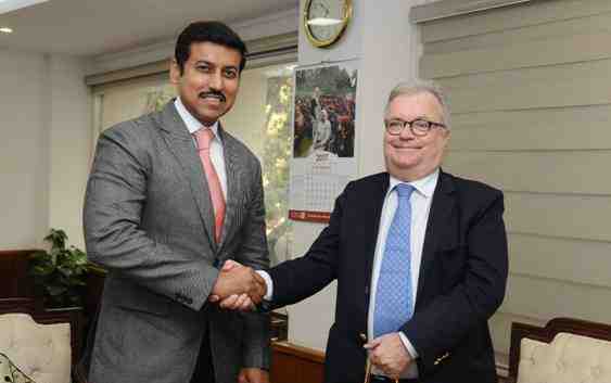 India's Minister of State for Information & Broadcasting Rajyavardhan Rathore and Portugal Minister of Culture, Luis Filipe Castro Mendes in New Delhi on January 10, 2017