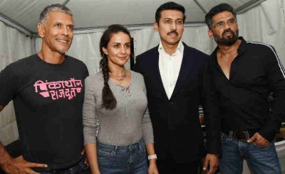 Rajyavardhan Singh Rathore with Suniel Shetty, Gul Panag and Milind Sonam, at the Fit India Campaign, in New Delhi on May 26, 2018