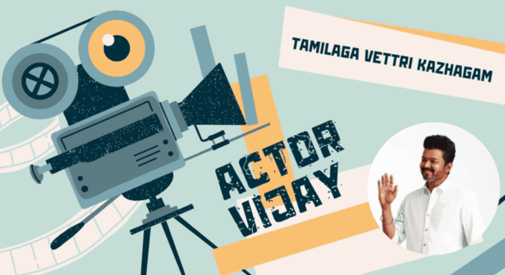 Actor Vijay and His New Political Party Tamilaga Vettri Kazhagam. Photo: RMN News Service. Inset Photo Courtesy: Vijay / Twitter