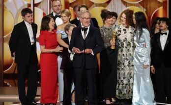 Paul Mescal, Pippa Harris, Nic Gonda, Jessie Buckley, Steven Spielberg, Liza Marshall, Maggie O’Farrell, Chloé Zhao at the 83rd Annual Golden Globes held at The Beverly Hilton on January 11, 2026 in Beverly Hills, California. Photo: Golden Globes