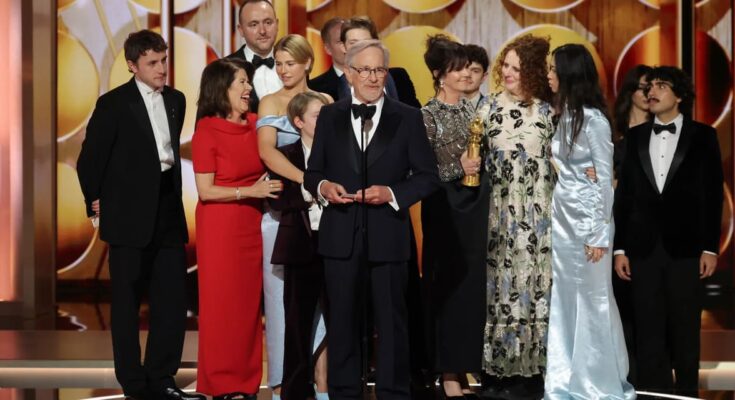 Paul Mescal, Pippa Harris, Nic Gonda, Jessie Buckley, Steven Spielberg, Liza Marshall, Maggie O’Farrell, Chloé Zhao at the 83rd Annual Golden Globes held at The Beverly Hilton on January 11, 2026 in Beverly Hills, California. Photo: Golden Globes