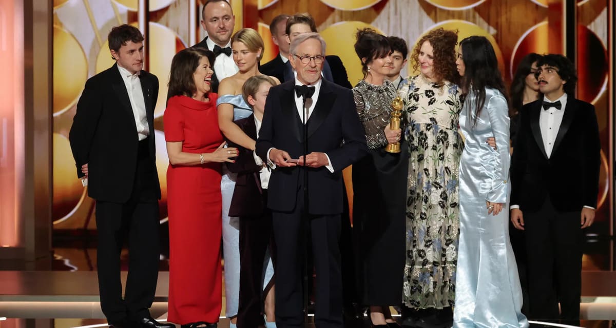 Paul Mescal, Pippa Harris, Nic Gonda, Jessie Buckley, Steven Spielberg, Liza Marshall, Maggie O’Farrell, Chloé Zhao at the 83rd Annual Golden Globes held at The Beverly Hilton on January 11, 2026 in Beverly Hills, California. Photo: Golden Globes
