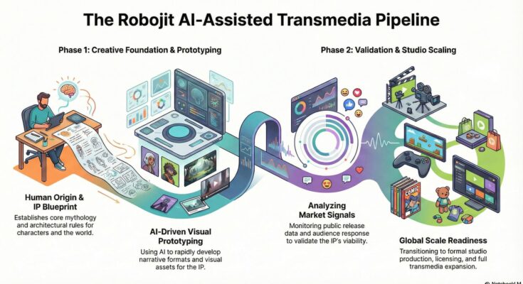 The AI-assisted transmedia production pipeline used to develop Robojit and the Sand Planet from a human-written novel into a scalable global intellectual property.