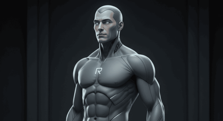 Robojit — Canonical Visual Prototype (AI-Generated). A representational image defining Robojit’s core visual identity for the upcoming graphic novel and AI-assisted production pipeline.