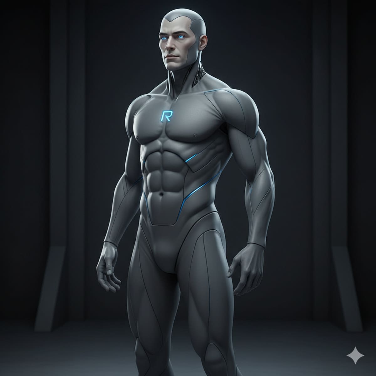 AI-generated canonical image of Robojit, a 7-foot-tall synthetic humanoid with a human-like expressive face, visible robotic elements, matte graphite body, blue accents, and softly glowing eyes, designed to convey restrained power and intelligence.