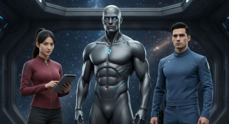 A cinematic group portrait of three futuristic characters: Ginnie, a sharp-featured female strategist; Robojit, a humanoid robotic warrior with metallic texture and tactical armor; and Victorson, a commanding male authority figure in structured attire. The trio stands together in a dramatic, softly lit sci-fi setting.