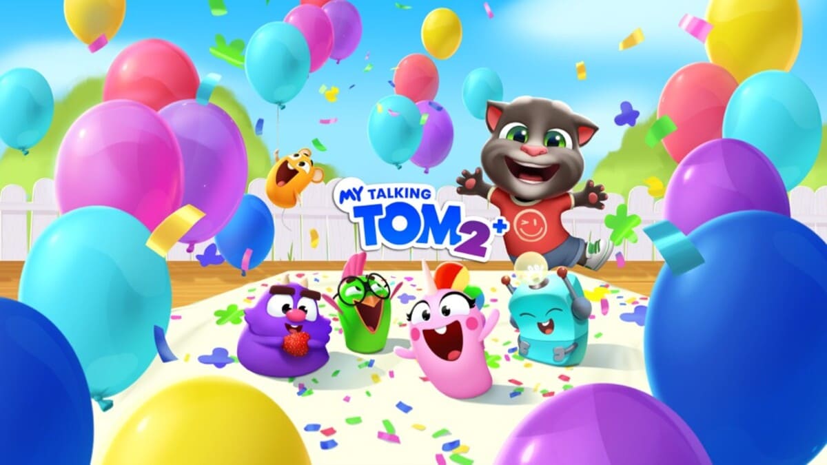 Key art for My Talking Tom 2+ on Apple Arcade featuring the virtual pet cat.