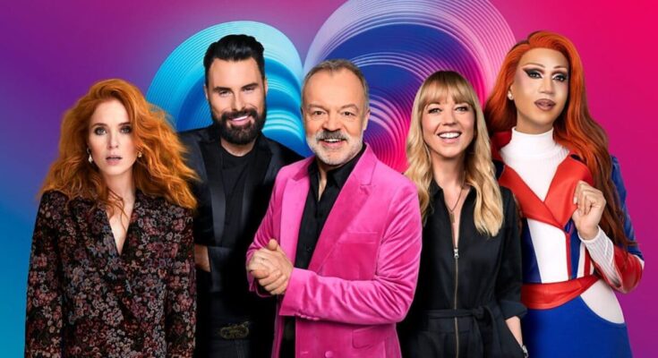 Angela Scanlon, Rylan Clark, Graham Norton, Sara Cox and Tia Kofi. Photo: BBC / BBC Studios