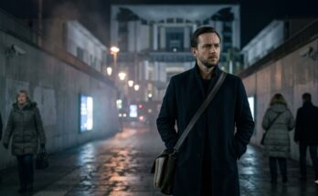 Elias Thorne walking alone at night in Astraea while investigating hidden political systems in THE SMOKESCREEN political thriller film project.