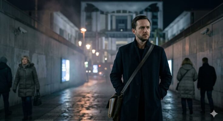 Elias Thorne walking alone at night in Astraea while investigating hidden political systems in THE SMOKESCREEN political thriller film project.