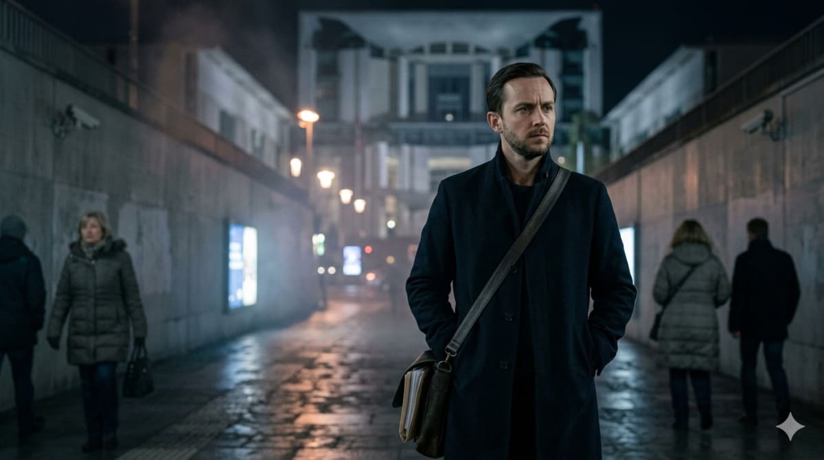 Elias Thorne walking alone at night in Astraea while investigating hidden political systems in THE SMOKESCREEN political thriller film project.