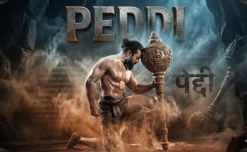AI-generated poster of Telugu film Peddi starring Ram Charan, stylized as a sports drama blended with nationalistic political imagery and rural Indian backgrounds.