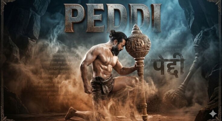 AI-generated poster of Telugu film Peddi starring Ram Charan, stylized as a sports drama blended with nationalistic political imagery and rural Indian backgrounds.