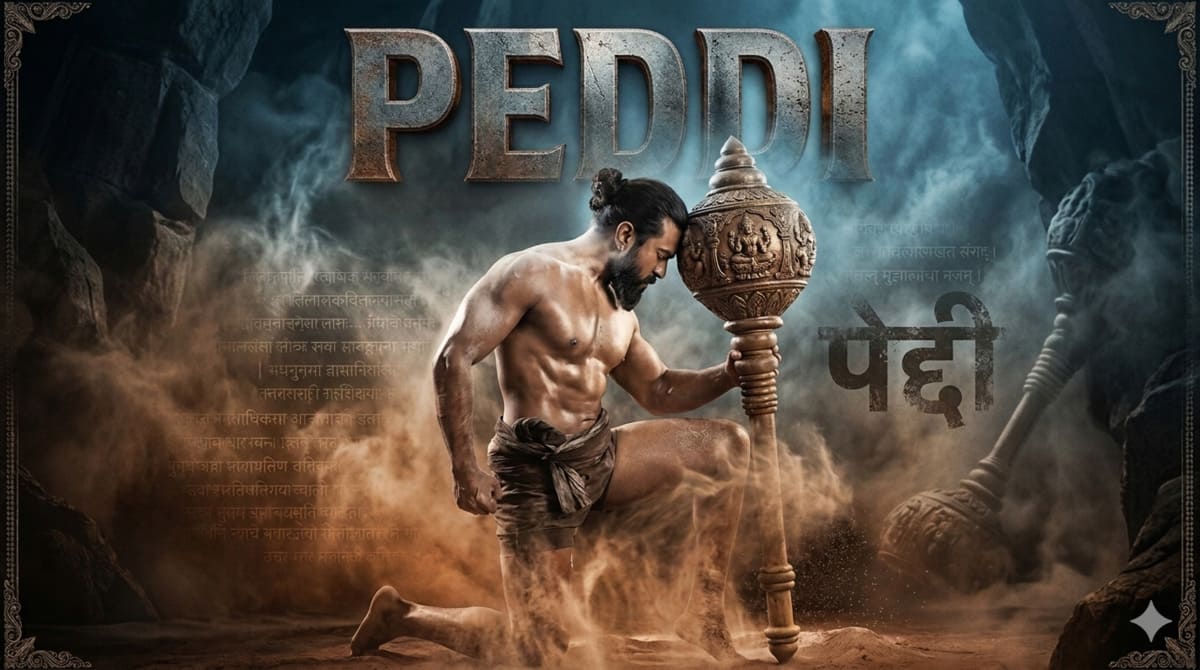 AI-generated poster of Telugu film Peddi starring Ram Charan, stylized as a sports drama blended with nationalistic political imagery and rural Indian backgrounds.