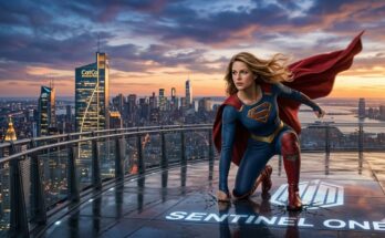 Milly Alcock as a defiant, short-haired Supergirl wearing a battle-worn suit beneath a rugged, unbuttoned trench coat, standing on a dusty alien desert landscape beneath a deep twilight sky.