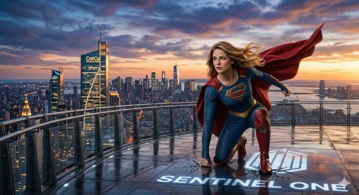 Milly Alcock as a defiant, short-haired Supergirl wearing a battle-worn suit beneath a rugged, unbuttoned trench coat, standing on a dusty alien desert landscape beneath a deep twilight sky.