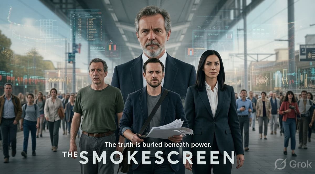 THE SMOKESCREEN political thriller film project poster featuring Elias Thorne and Arthur Sterling in the Republic of Astraea.