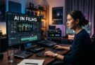 Female filmmaker using AI in Films software on a computer station.