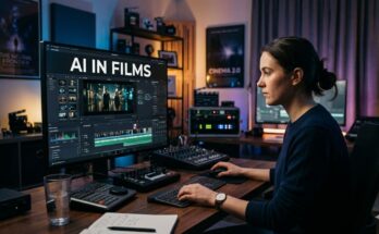 Female filmmaker using AI in Films software on a computer station.