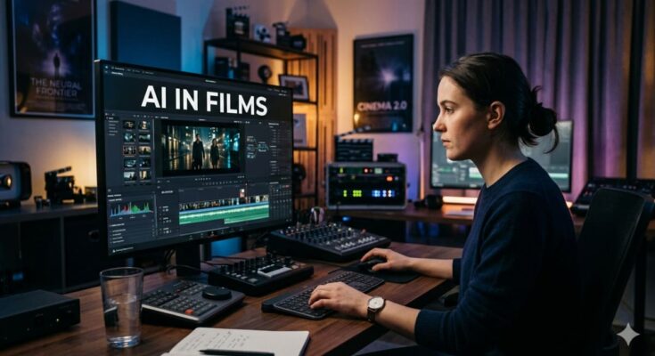 Female filmmaker using AI in Films software on a computer station.