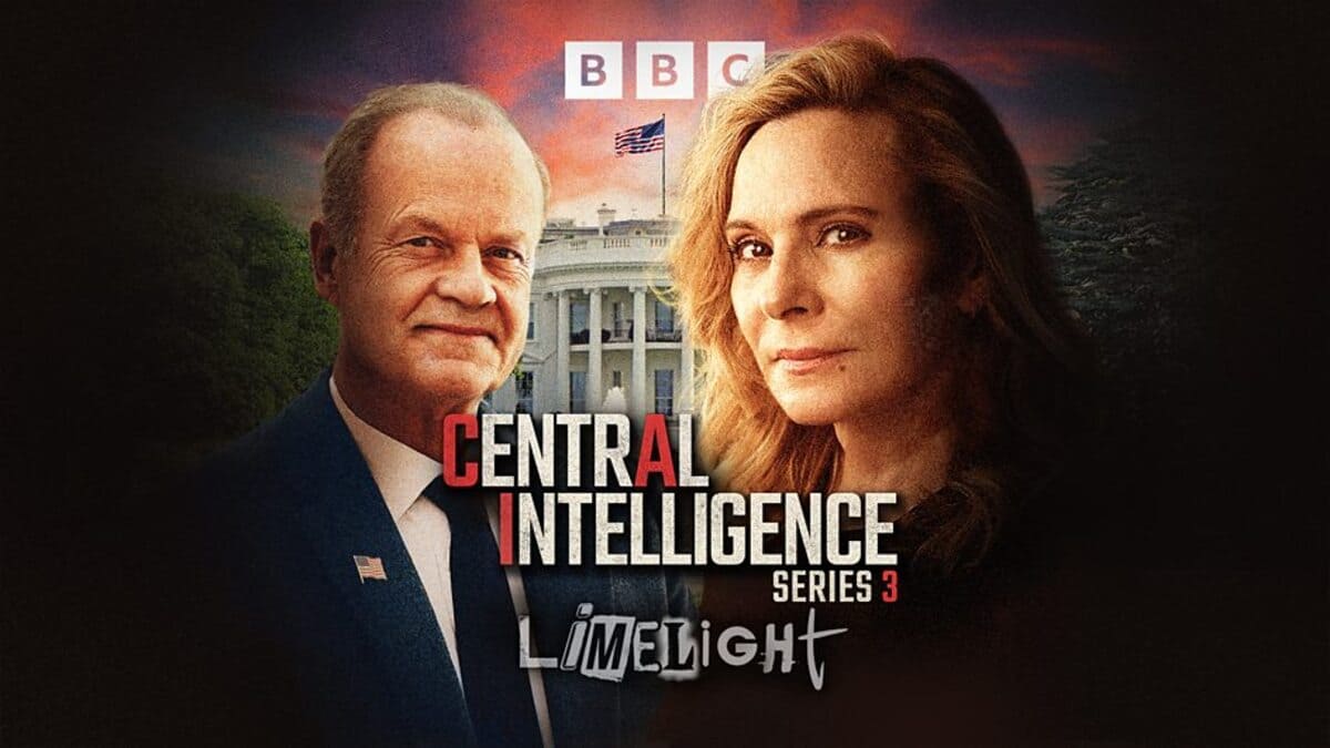 Official poster for BBC Radio 4 audio drama Central Intelligence featuring series three cast names Kelsey Grammer and David Duchovny.