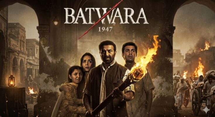 AI-edited film poster for Batwara 1947 featuring Sunny Deol against a backdrop of the 1947 Partition.