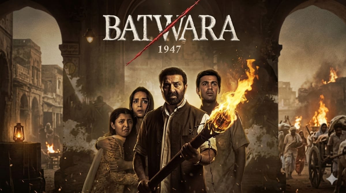 AI-edited film poster for Batwara 1947 featuring Sunny Deol against a backdrop of the 1947 Partition.