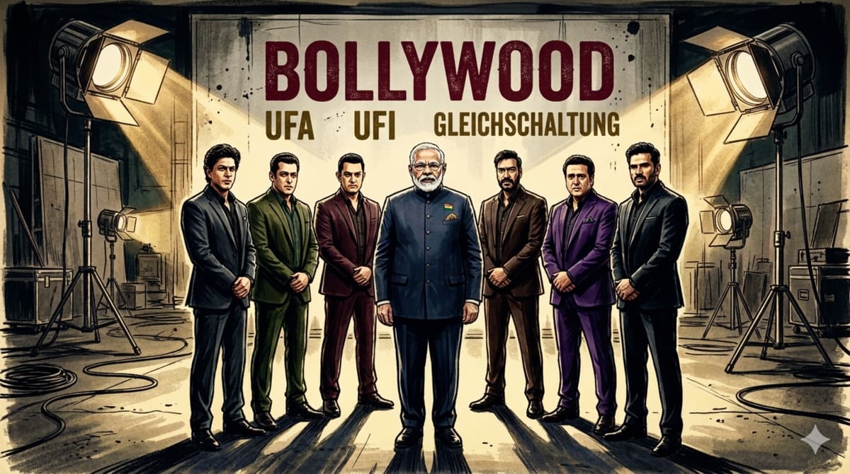 High-contrast editorial illustration depicting a political leader surrounded by synchronized movie stars in a brutalist film studio with UFA and Gleichschaltung text.