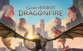Official poster for Game of Thrones: Dragonfire mobile strategy game featuring dragons and House Targaryen imagery.