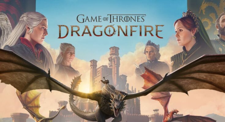 Official poster for Game of Thrones: Dragonfire mobile strategy game featuring dragons and House Targaryen imagery.