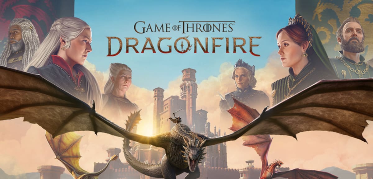 Official poster for Game of Thrones: Dragonfire mobile strategy game featuring dragons and House Targaryen imagery.