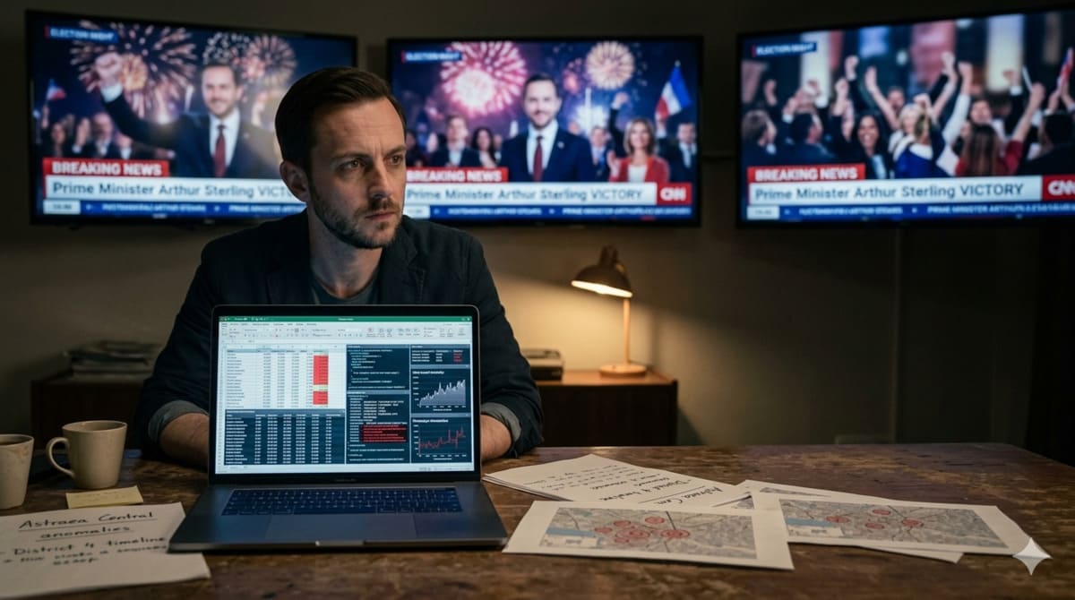 Elias Thorne studies election anomalies inside a safe house in THE SMOKESCREEN political thriller.