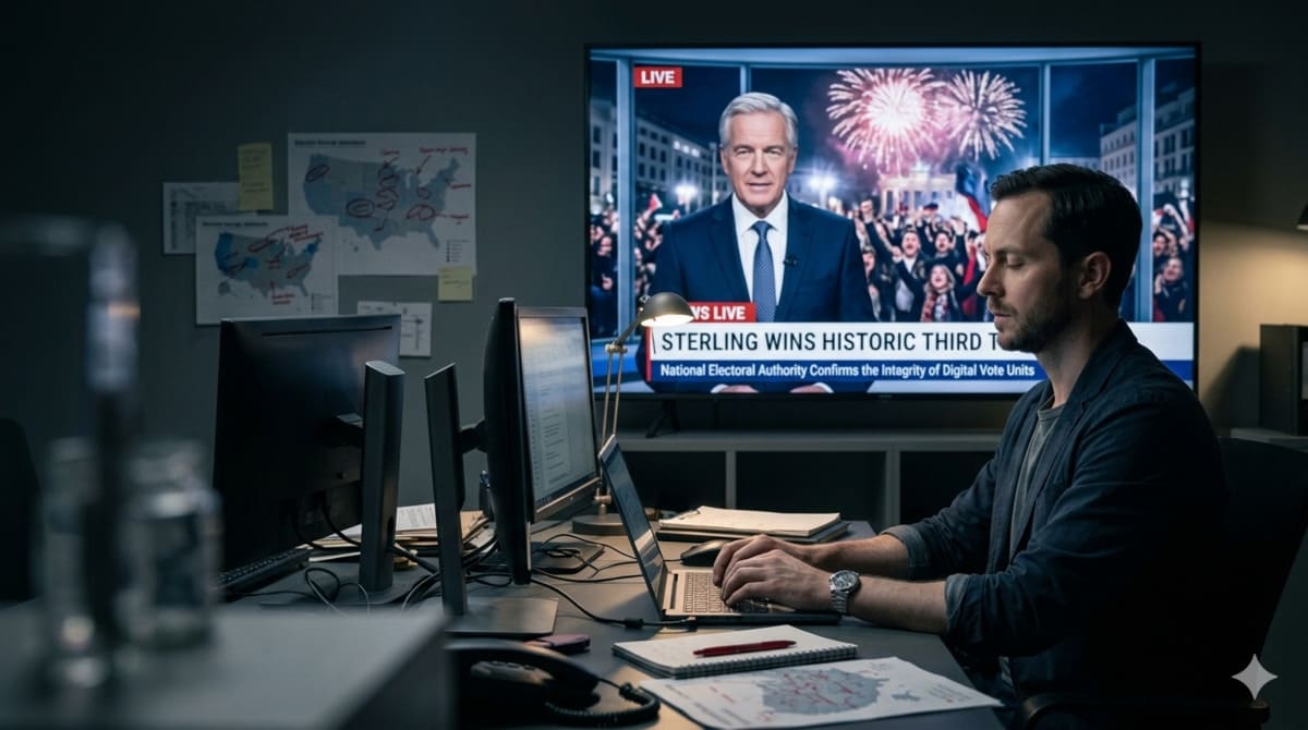 Elias Thorne watches official election results while beginning his investigation in THE SMOKESCREEN.