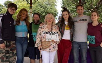 The ensemble cast of the BBC sitcom Here We Go standing together in a single frame.