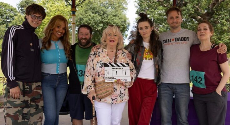 The ensemble cast of the BBC sitcom Here We Go standing together in a single frame.