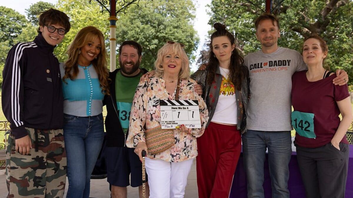The ensemble cast of the BBC sitcom Here We Go standing together in a single frame.
