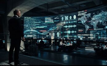 Labeled cinematic conceptual art of a futuristic MI6 command center displaying digital code structures, representing the rumored Artificial Intelligence plot of the upcoming James Bond movie.
