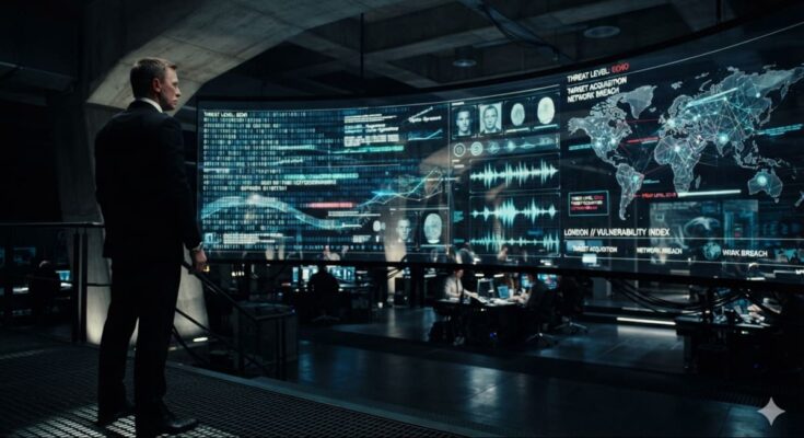 Labeled cinematic conceptual art of a futuristic MI6 command center displaying digital code structures, representing the rumored Artificial Intelligence plot of the upcoming James Bond movie.