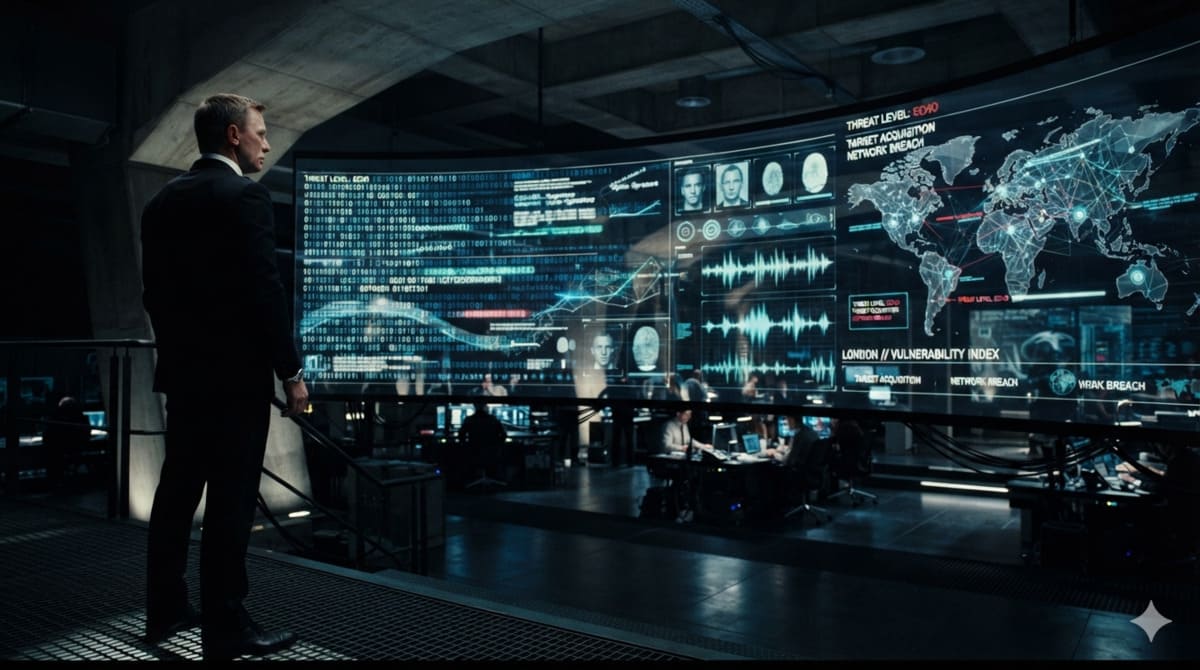 Labeled cinematic conceptual art of a futuristic MI6 command center displaying digital code structures, representing the rumored Artificial Intelligence plot of the upcoming James Bond movie.