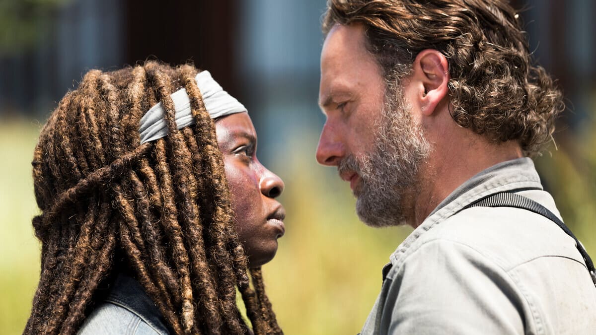 Danai Gurira as Michonne and Andrew Lincoln as Rick Grimes in a scene from The Walking Dead.