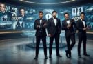 Concept art showing South Indian actors Vishal, Gopichand, Jayam Ravi, and Allari Naresh wearing tailored black tuxedos in classic secret agent poses against a sleek espionage background.