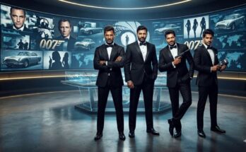 Concept art showing South Indian actors Vishal, Gopichand, Jayam Ravi, and Allari Naresh wearing tailored black tuxedos in classic secret agent poses against a sleek espionage background.