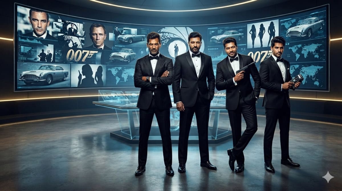 Concept art showing South Indian actors Vishal, Gopichand, Jayam Ravi, and Allari Naresh wearing tailored black tuxedos in classic secret agent poses against a sleek espionage background.