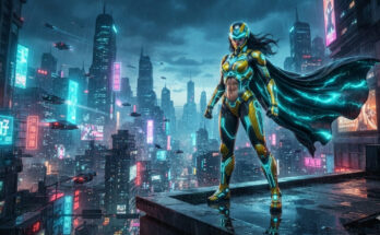 A high-octane, cinematic wide-angle shot of a futuristic superhero.